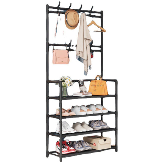 Black metal multi-tier stand with hooks for hanging clothes and bags, and shelves holding shoes and accessories