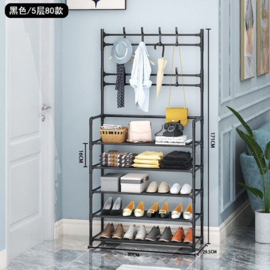 Black metal multi-tier stand with hooks for hanging clothes and bags, and shelves holding shoes and accessories