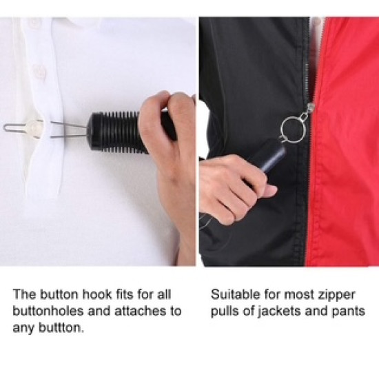 Hand holding a black button hook tool fastening a white shirt button