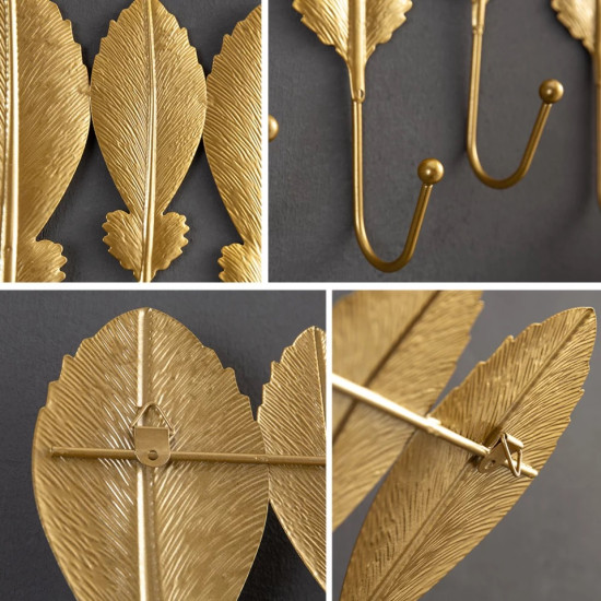 Gold Leaf Wall Hook Rack – Decorative Metal Wall Hanger with 5 Hooks