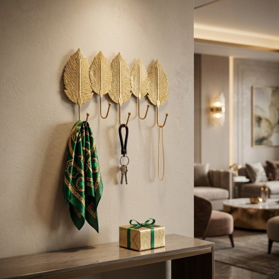 Gold Leaf Wall Hook Rack – Decorative Metal Wall Hanger with 5 Hooks