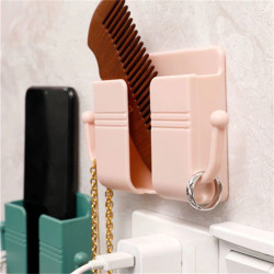 Wall-Mounted Adhesive Phone and Remote Holder with Side Hook Organizer