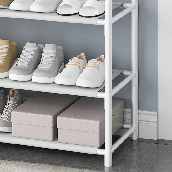 Black metal multi-tier stand with hooks for hanging clothes and bags, and shelves holding shoes and accessories