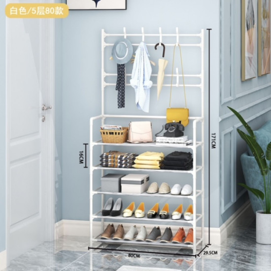 Black metal multi-tier stand with hooks for hanging clothes and bags, and shelves holding shoes and accessories