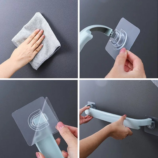 Adhesive Wall Mounted Holder Installation Steps Four-step collage showing installation of a light gray adhesive wall-mounted holder on a dark gray surface. Top left: hand wiping surface with gray cloth. Top right: hand holding transparent adhesive pad with hook attached to holder end. Bottom left: hand