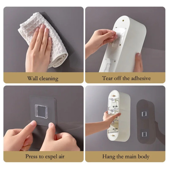 Adhesive Wall-Mounted Spice Rack Installation Steps Step-by-step installation of adhesive wall-mounted spice rack with five drawers and spoons