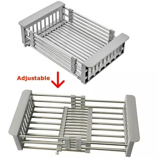Adjustable Metal Kitchen Dish Drying Rack with Gray Plastic Ends Adjustable metal kitchen dish drying rack with parallel horizontal rods and gray plastic end frames. The rack is shown in two positions: compact and expanded. Four gray plastic clips hold the rods together. A red arrow with the word 'Adjustable' points fr