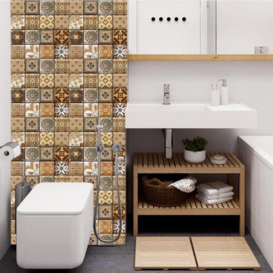Bathroom wall decorated with self-adhesive 3D foam tiles in brown and beige geometric and floral patterns