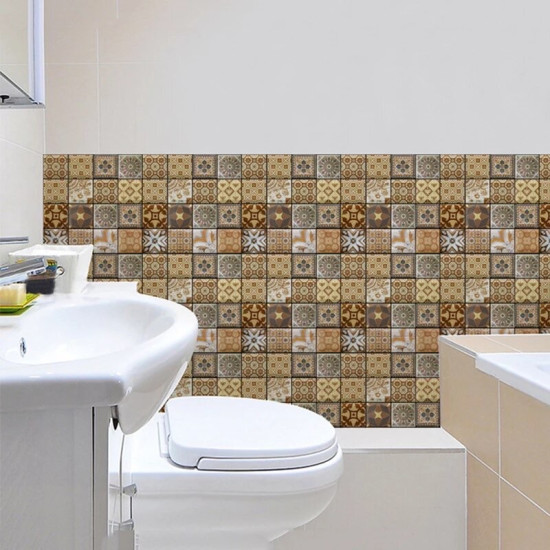 Self-adhesive 3D foam wall decor with multicolor patterned square tiles in a bathroom setting