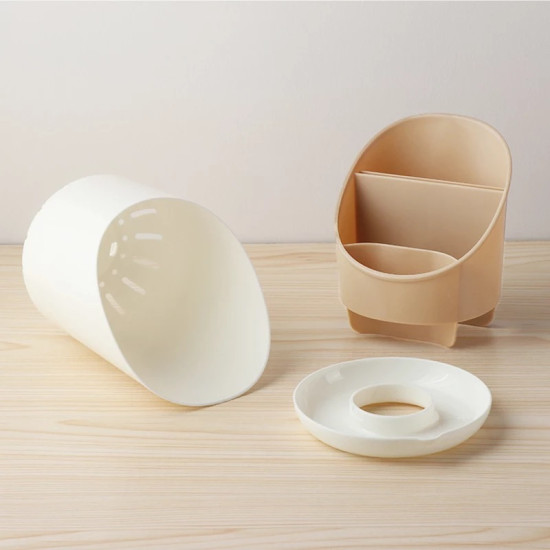 Beige multisection cutlery holder with two compartments and a detachable white round drip tray