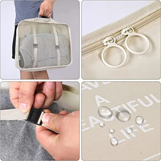 Beige travel bag organizer with adjustable strap, zipper rings, and water-resistant fabric