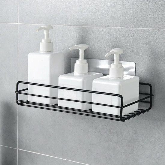 Black Adhesive Metal Wall-Mounted Storage Rack for Kitchen and Bathroom Black metal adhesive wall-mounted rack holding three white pump bottles on a gray tiled wall