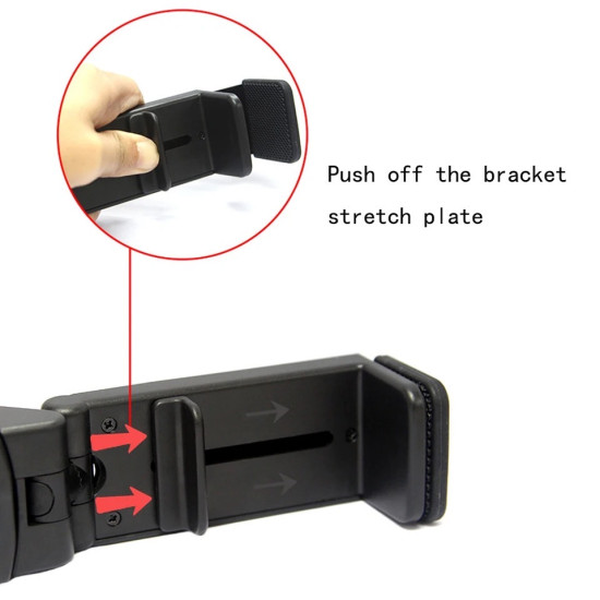 Black adjustable phone holder with bracket stretch plate and release mechanism