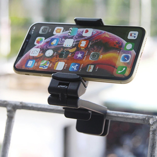 Black adjustable phone holder clamped on a metal rail holding a smartphone horizontally