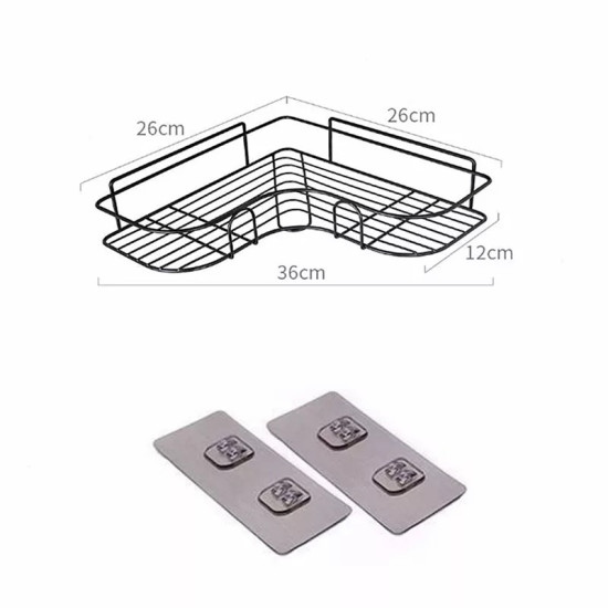 Black metal corner shelf with wire frame showing dimensions 26cm by 26cm by 36cm by 12cm. The shelf has two vertical wire loops on each side and two curved wire hooks at the front. Below the shelf are two rectangular adhesive pads each with two square mou