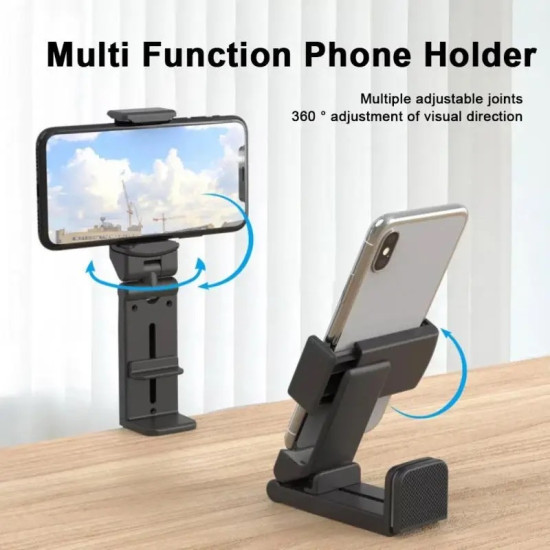 Black multi-angle adjustable phone holder with 360-degree rotation and clamp base on wooden surface