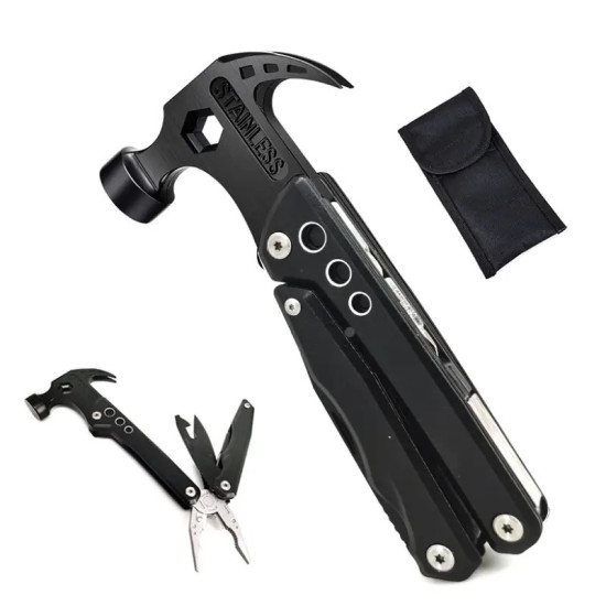 Black multitool hammer with pliers and carry pouch Black multitool hammer with a hammer head featuring a hexagonal hole and the word STAINLESS engraved, three circular holes on the handle, folded pliers and knife blades attached, and a black fabric carry pouch placed separately on a white background