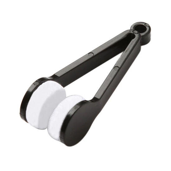 Black plastic clip with two white microfiber pads for cleaning lenses and screens without scratches