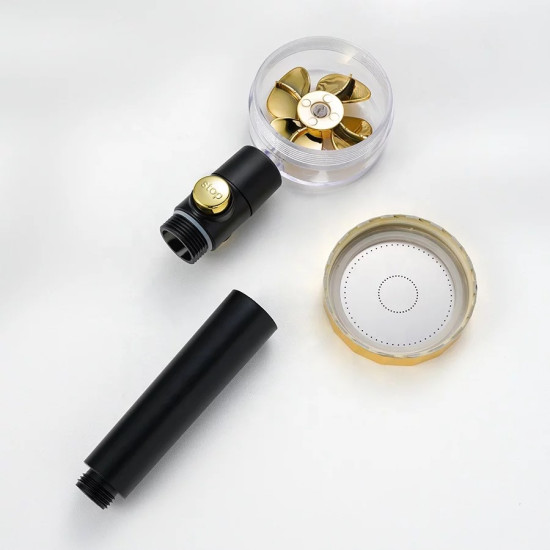 Black Shower Head with Water Filter and Pressure Boost - Detachable Parts Black shower head with gold turbofan inside and detachable parts including handle and spray face