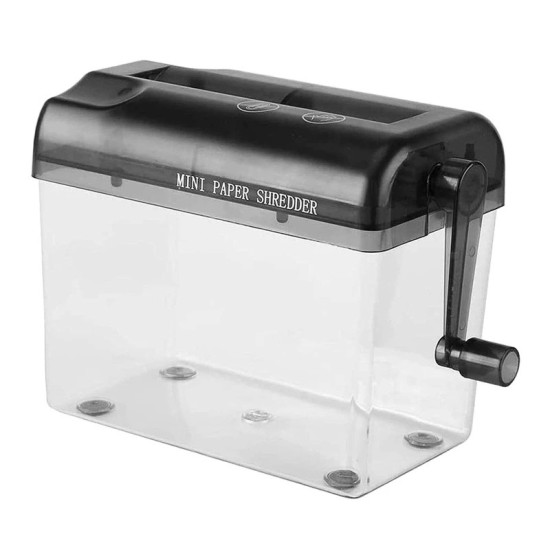 Manual paper shredder with black top, clear container, and hand crank, empty container visible