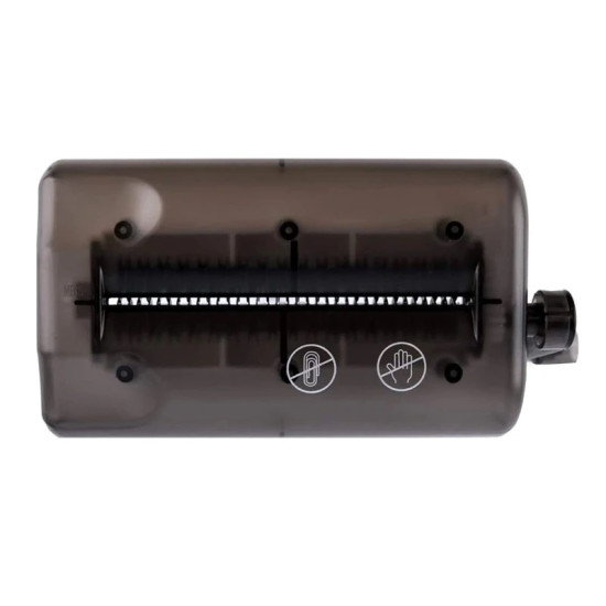 Manual paper shredder with black transparent top, visible shredding blades, and hand crank on the right