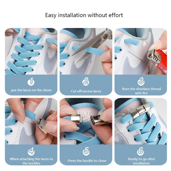 Blue Elastic Shoelaces Installation Steps on White Sneakers Step-by-step installation of blue elastic shoelaces with metal buckles on white sneakers