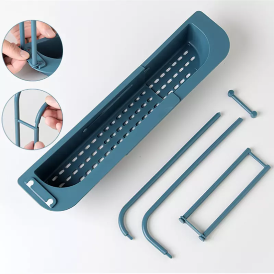 Blue Extendable Cleaning Tool Holder with Drainage Slots Blue extendable cleaning tool holder for sink with drainage slots shown disassembled
