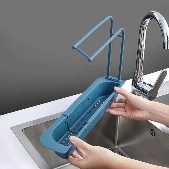 Blue Extendable Sink Cleaning Tool Holder with Drainage Slots Blue extendable sink cleaning tool holder with drainage slots and two vertical bars for hanging items