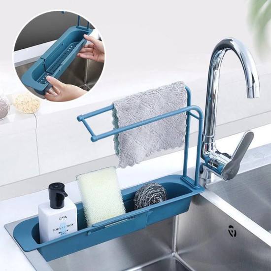 Blue Extendable Sink Cleaning Tool Holder with Drainage and Towel Bar Blue extendable sink cleaning tool holder with drainage base and towel bar attached