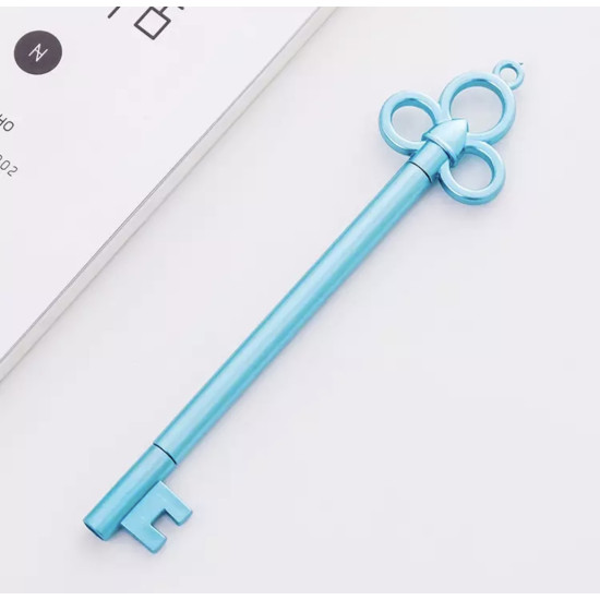 Blue pen shaped like a key with a distinctive three-loop top on a white surface
