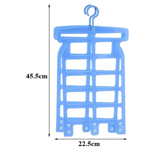 Blue plastic multiuse drying hanger with grid design and hook for pillows and stuffed toys
