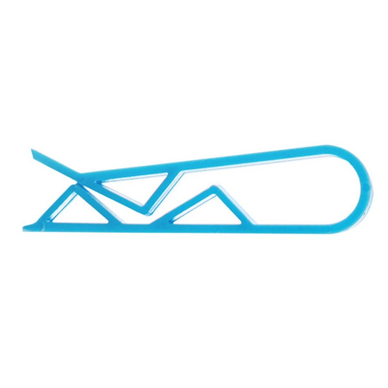 Blue plastic trash bag clip with triangular cutouts designed to secure bags and prevent slipping