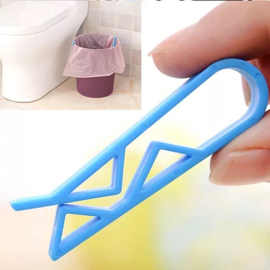 Blue plastic clip designed to secure trash bags on bin edges to prevent slipping