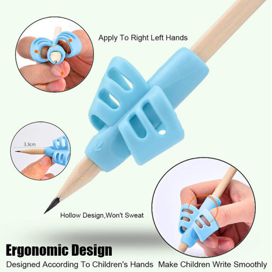 Blue silicone pencil grip with ergonomic loops for children's correct pen holding and smooth writing