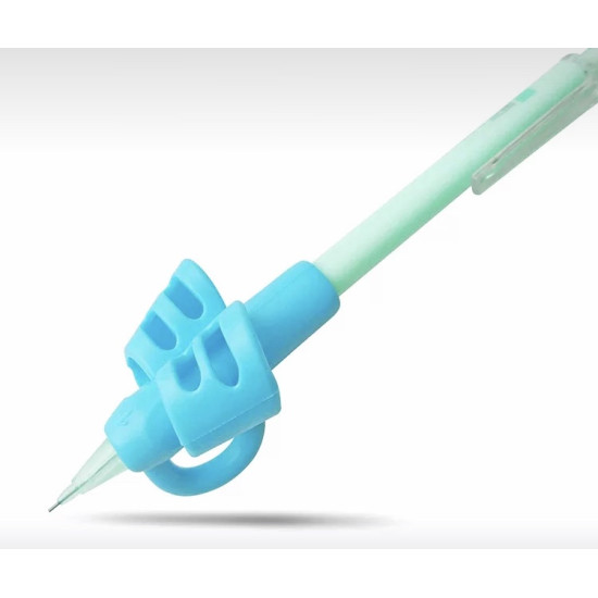 Blue silicone pencil grip with ergonomic loop for children to improve pen holding and writing comfort