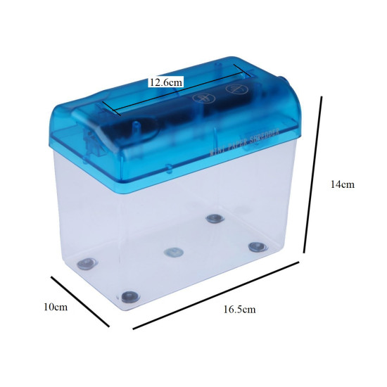 Mini paper shredder with a blue translucent top and clear rectangular container. The container has four black circular feet at the bottom. Printed measurements show 12.6cm slot length on top, 14cm height, 16.5cm width, and 10cm depth. The top has two visi