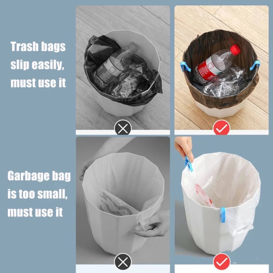 Blue clips securing trash bags on white bins to prevent slipping and hold small bags in place