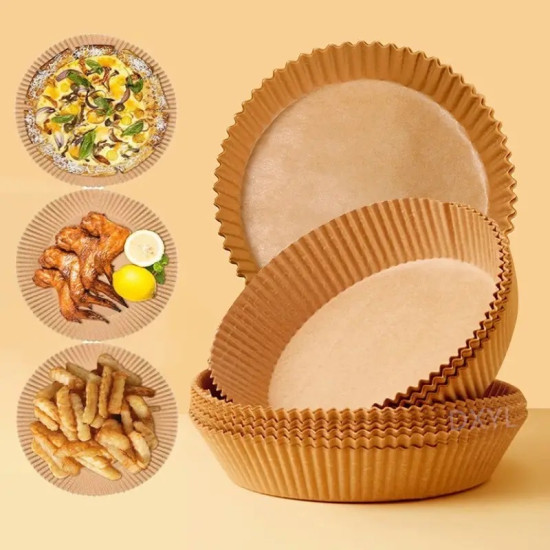 Brown ridged nonstick air fryer baking papers stacked with food examples on the side