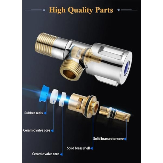 Chrome Brass Angle Valve with Ceramic Core and Rubber Seals Chrome angle valve with brass threaded ends showing exploded view of rubber seals, ceramic valve core, and brass rotor core