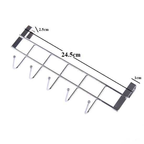Chrome metal door hanger with six hooks and two horizontal bars for towels and household items