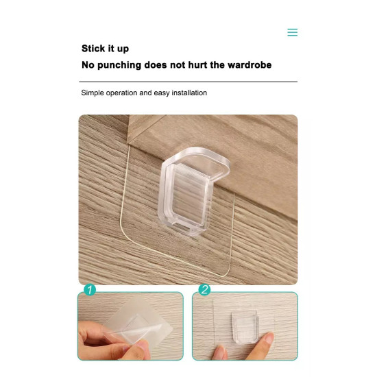 Clear adhesive shelf bracket attached to wooden surface without drilling or nails