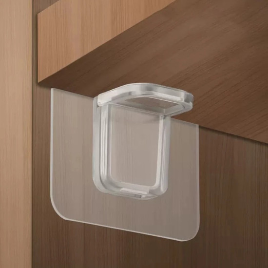 Clear adhesive shelf bracket with curved hook attached under wooden shelf without drilling