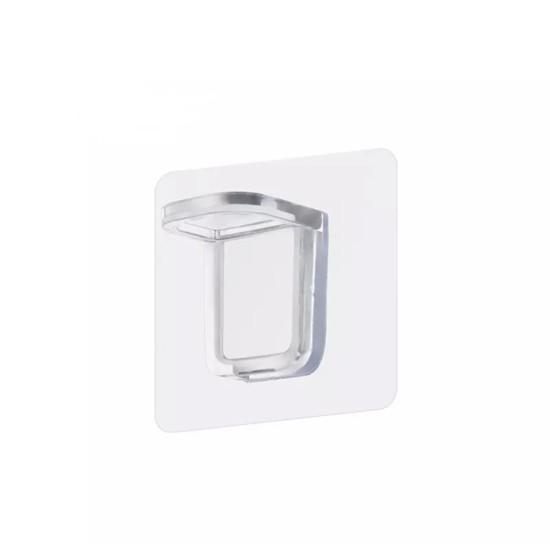 Clear adhesive shelf bracket with metal edge mounted on a transparent square base