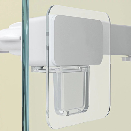 Clear adhesive shelf bracket with white support arm attached to glass surface