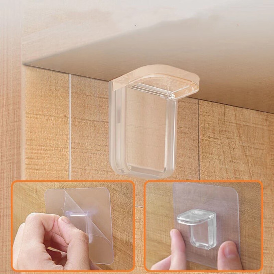 Clear adhesive shelf support bracket mounted under wooden shelf without drilling or nails