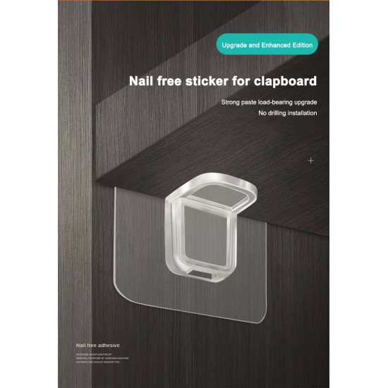 Clear adhesive shelf support hook attached under dark wood surface without drilling