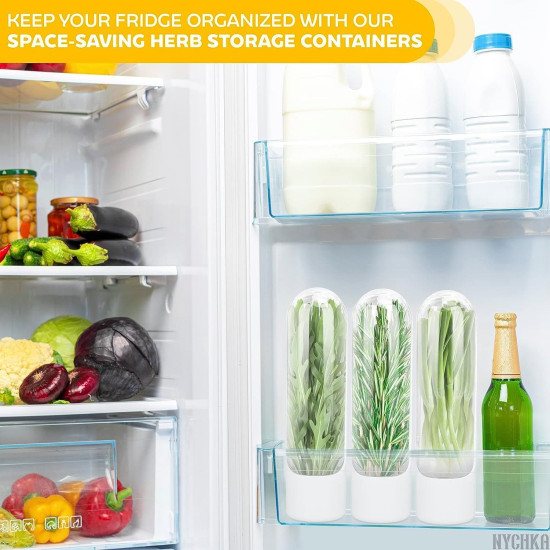 Three clear vertical herb storage containers holding fresh green herbs in a refrigerator door