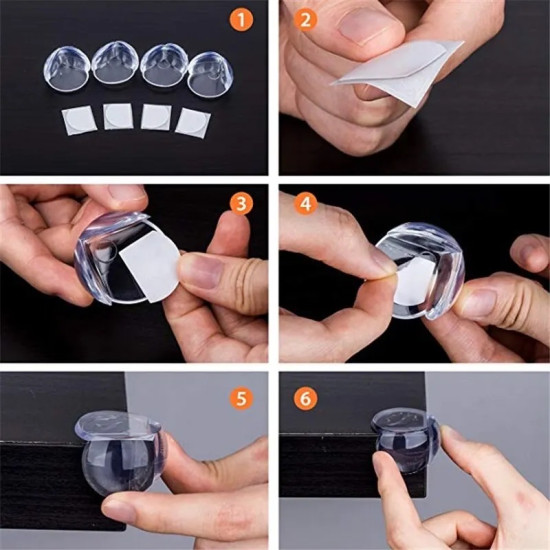 Clear silicone corner protectors with adhesive pads being applied to furniture edges for child safety