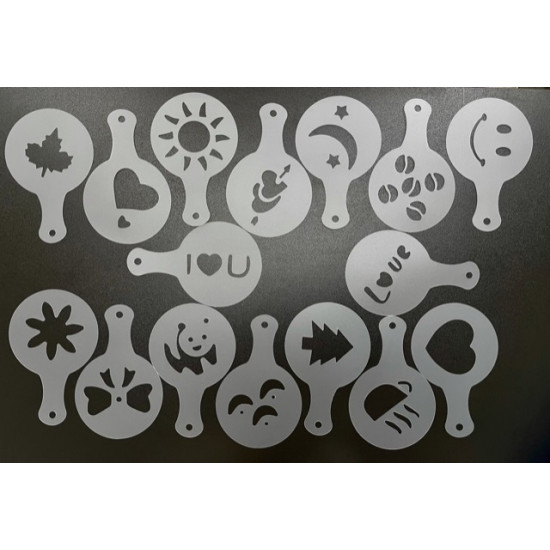 Set of 16 coffee and cappuccino decoration stencils with various shapes including hearts, sun, moon, and smiley face