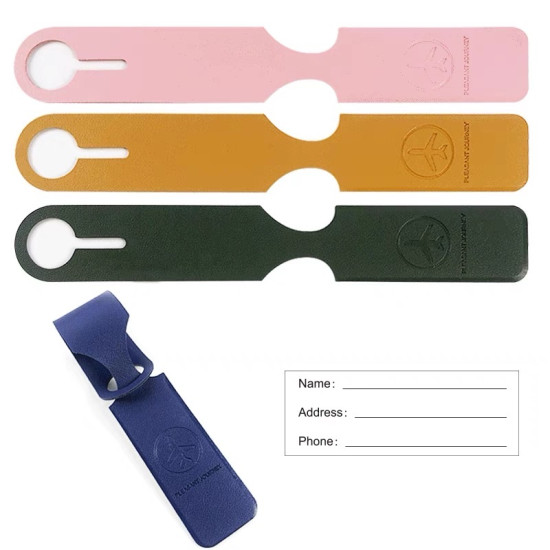 Set of colorful leather luggage tags with embossed airplane logo and slot for attaching to bags